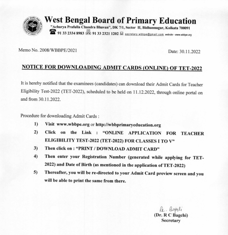 wb primary tet admit card 2022 official notice by west bengal board of primary education